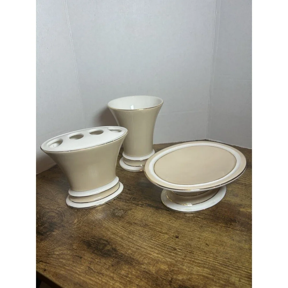 Beige White Gold Trim Ceramic Bath Set Toothbrush Holder Cup Soap Holder Decor